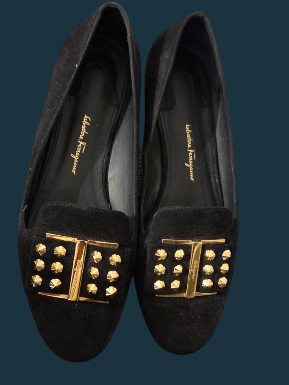 Salvatore Ferragamo Sarno Studded Loafers Black Suede Sz 8C - W/ Original Box - Picture 6 of 16